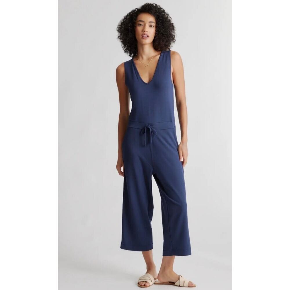Quince French Terry Modal Tie Waist Cropped Navy Blue Jumpsuit XS
